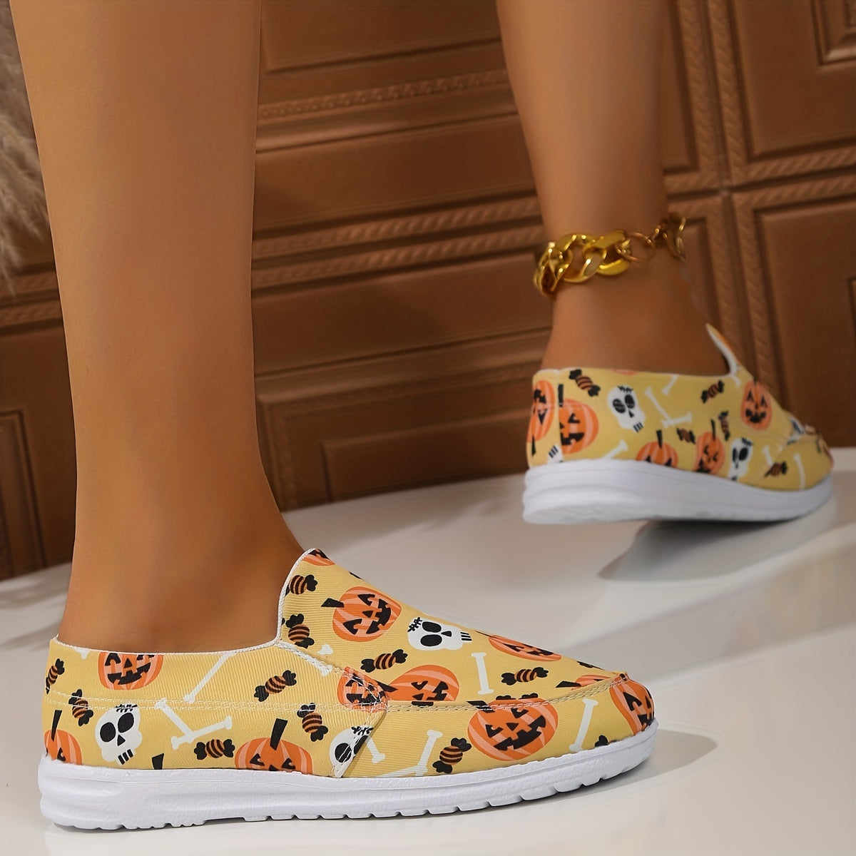 Skull & Pumpkin Print Slip-On Sneakers for Women