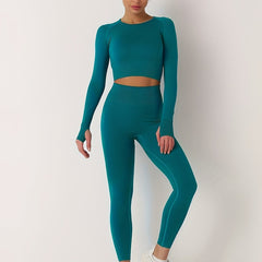 2Pcs Seamless Yoga Suit Long Sleeve Top & High Waist Leggings Set