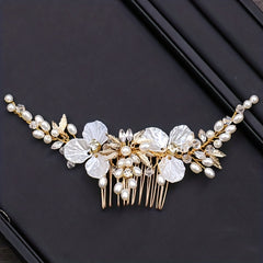 Faux Pearl Hair Comb Flower Hair Comb Golden Leaf Bridal Insert Comb