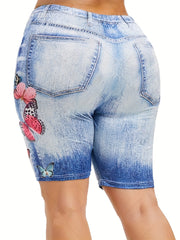 Denim & Butterfly Print Leggings Casual Skinny Shorts Leggings Women's Clothing