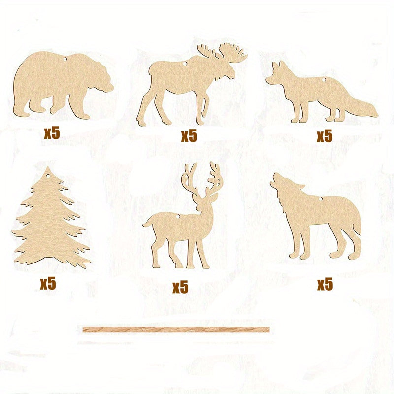 30pcs Wooden Wild Forest Animal Ornaments Hanging Wood Deer Cutouts DIY Decor