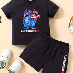 Boys Dinosaur T Shirt & Shorts Set Amerisaurus Rex Print Crew Neck Tee