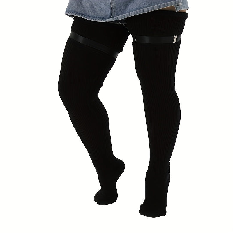 Casual Thigh High Socks Women's Plus Solid Buckle Detail