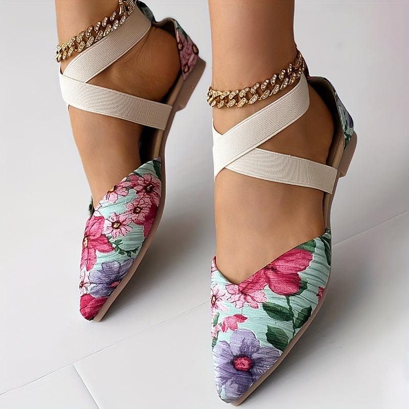 Floral Criss Cross Straps Sandals - Point Toe Flat Shoes
