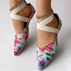 Floral Criss Cross Straps Sandals - Point Toe Flat Shoes