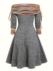 Colorblock Stripe Print Ruched Off Shoulder Dress