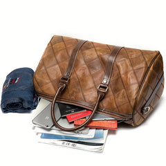 Men's Leather Duffel Bag Vintage Shoulder Bag Plaid Travel Luggage