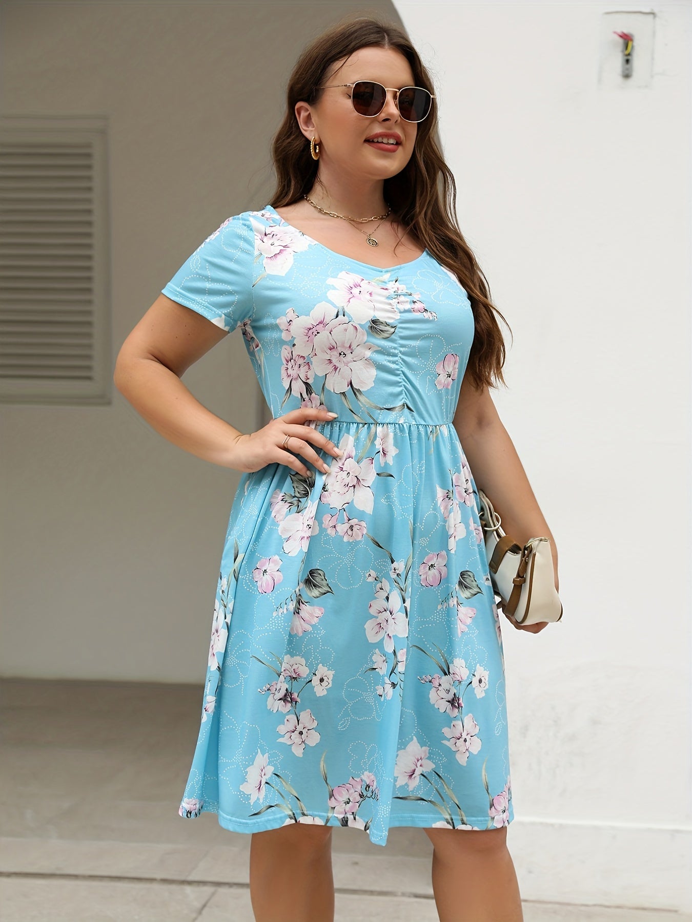 Casual Dress Women's Plus Floral Print Short Sleeve Round Neck Dress