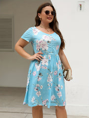 Casual Dress Women's Plus Floral Print Short Sleeve Round Neck Dress