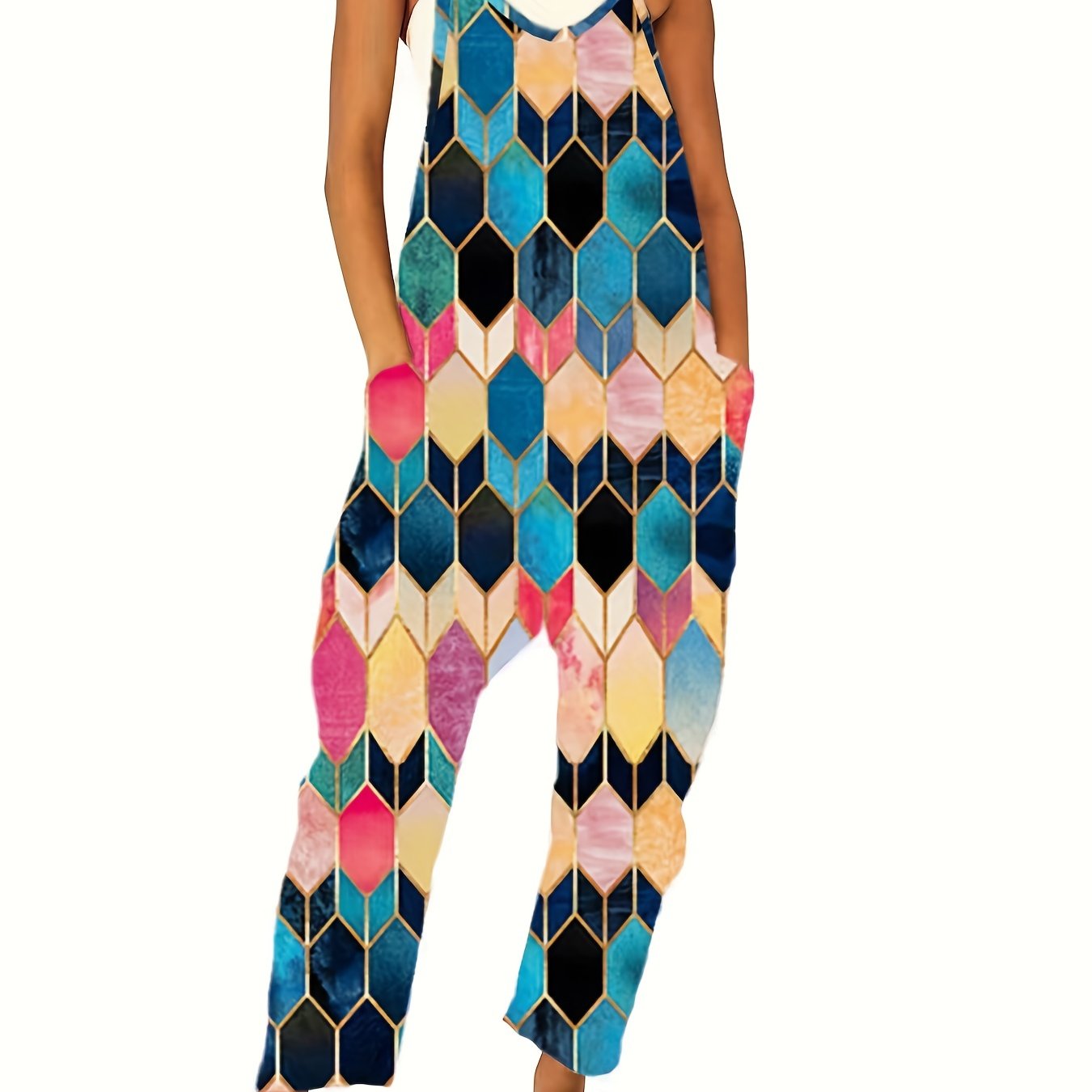 Geo Print Overall Jumpsuit Casual Sleeveless Pockets Wide Leg Jumpsuit