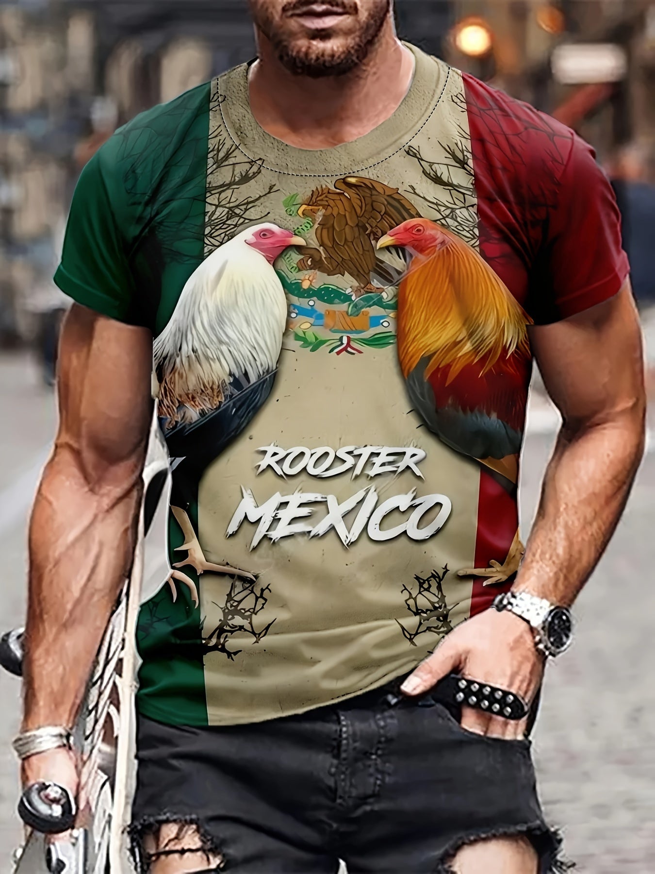 MEXICO Rooster Pattern Print Men's Short Sleeve T Shirt
