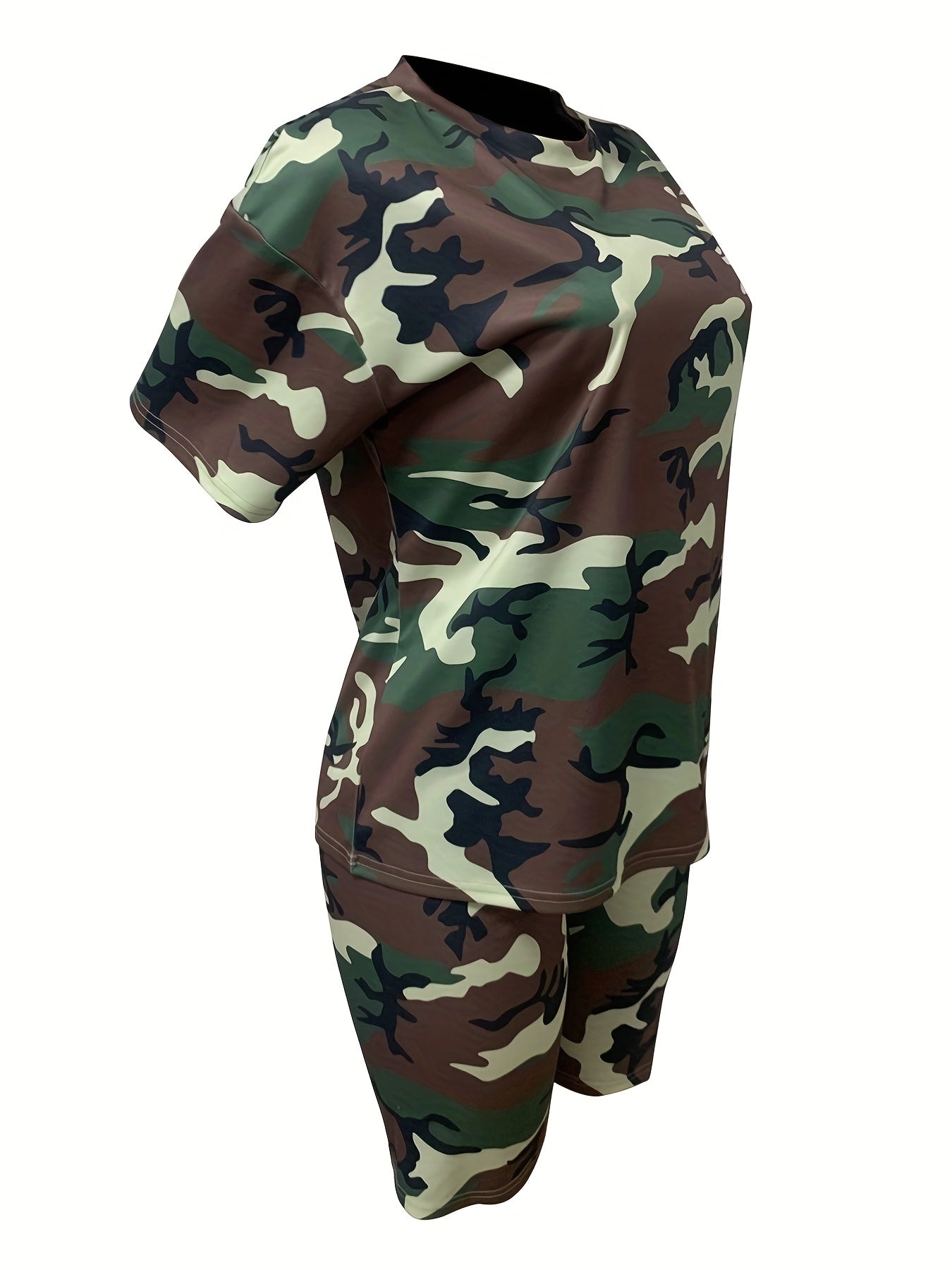 Camouflage Print Two Piece Set Casual T-shirt & Skinny Shorts
