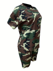 Camouflage Print Two Piece Set Casual T-shirt & Skinny Shorts