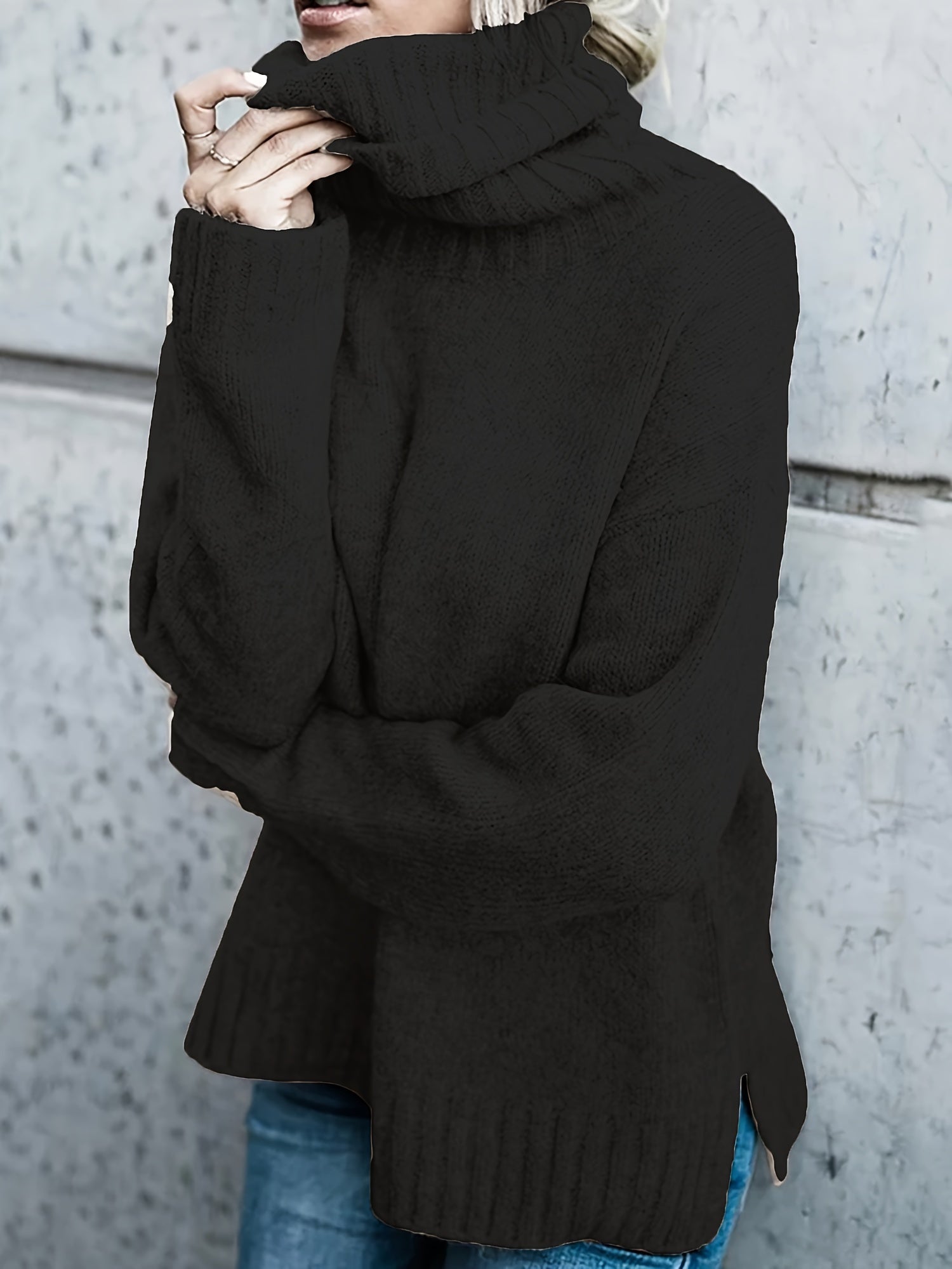 Solid Turtleneck Sweater Split Warm Knitted Jumper