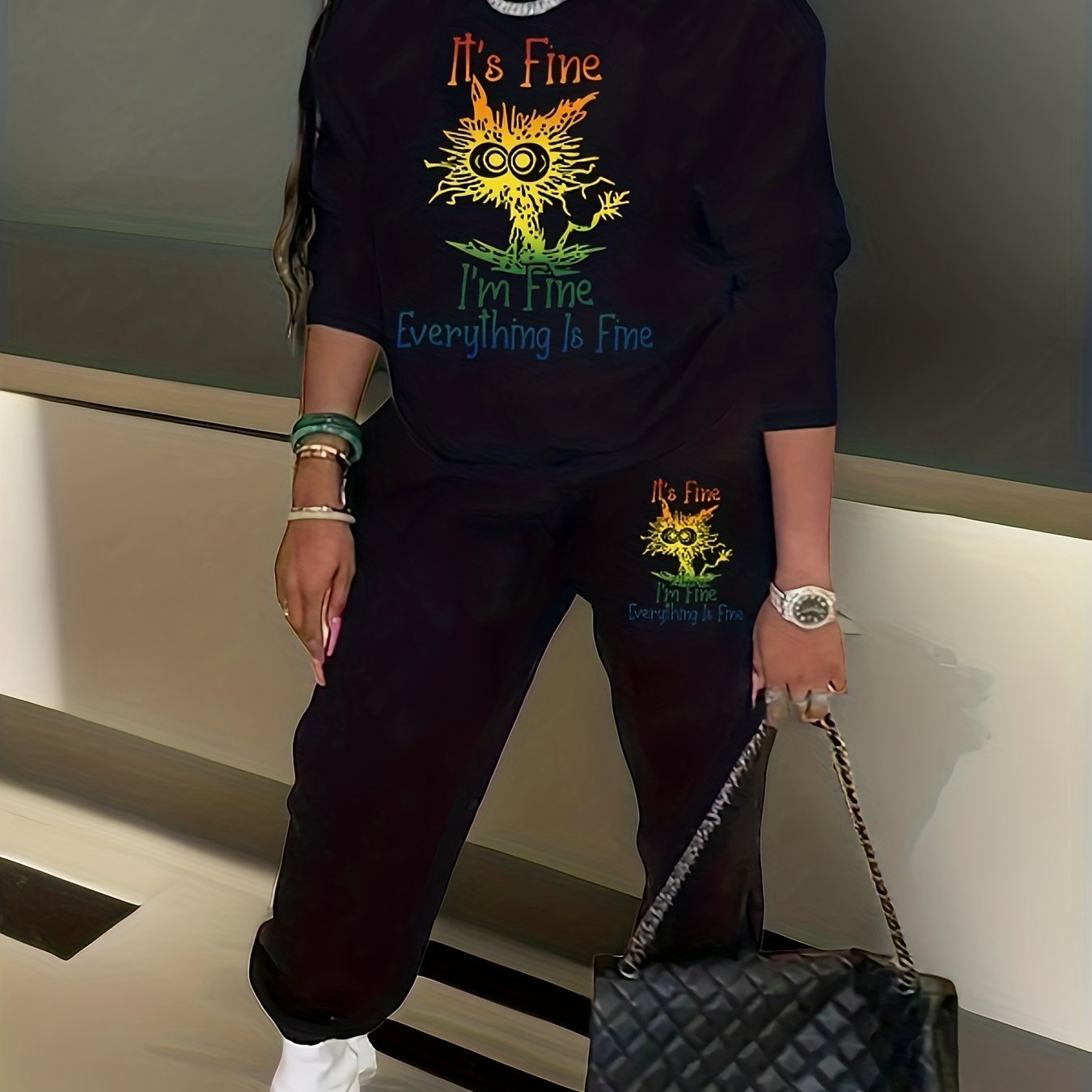 Cartoon Cat Print Sweatshirt & Joggers Set