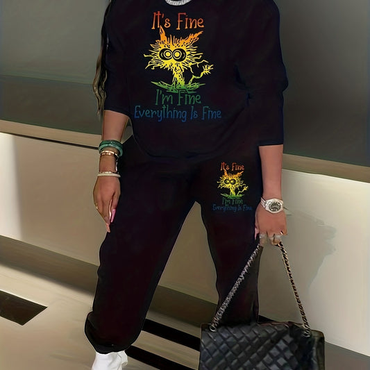 Cartoon Cat Print Sweatshirt & Joggers Set