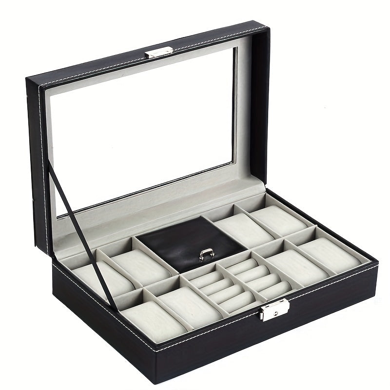 Men's 8 Digit Watch Box Ring Velvet Cover Glass Transparent Display