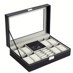 Men's 8 Digit Watch Box Ring Velvet Cover Glass Transparent Display