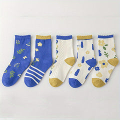 5 Pairs Girls Kids Socks Cotton Breathable Small Flower Pattern Socks