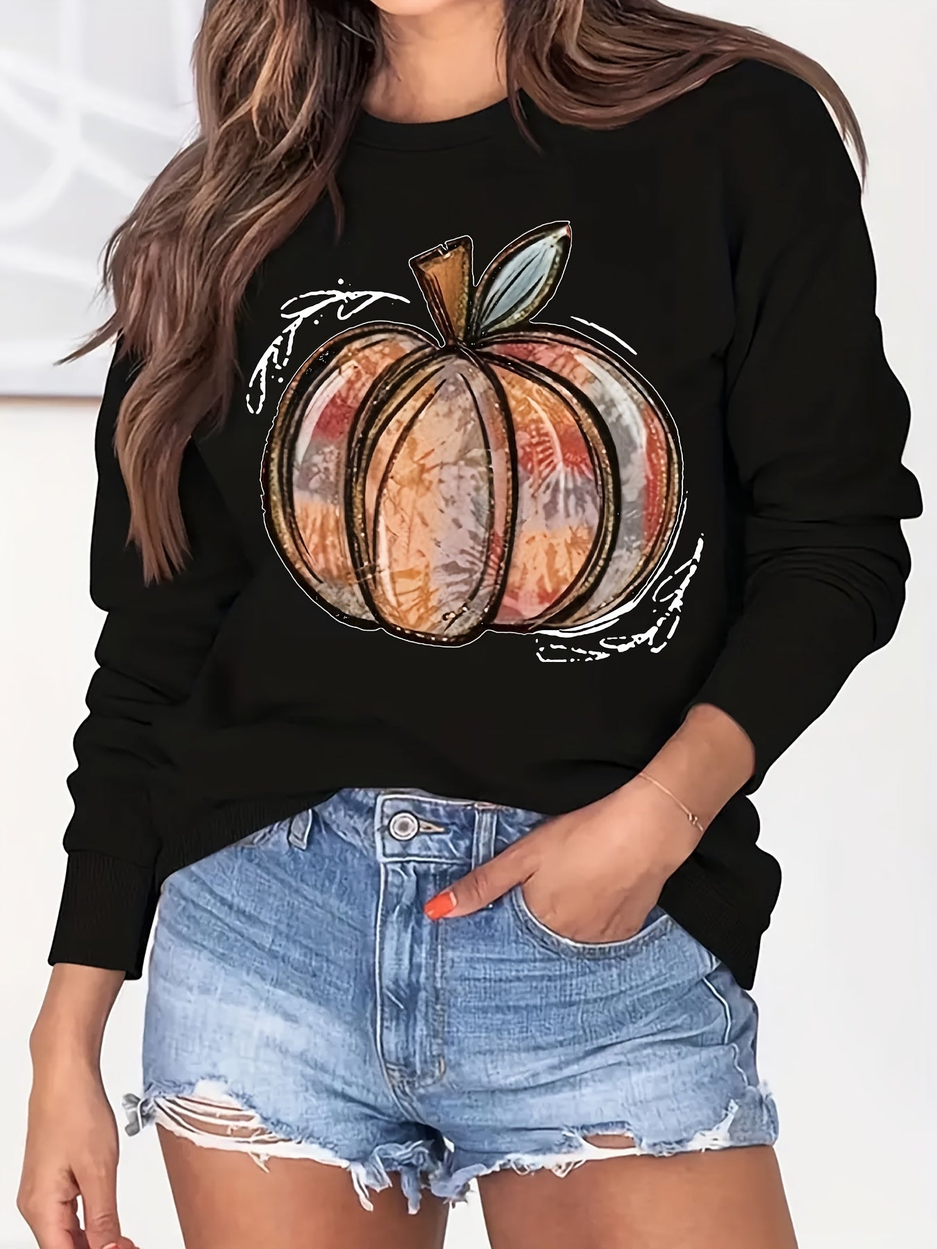 Halloween Pumpkin Print Sweatshirt Long Sleeve Crew Neck Women's Clothing