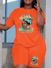 Figure Print Two piece Set Casual Short Sleeve T shirt & Skinny Shorts Outfits