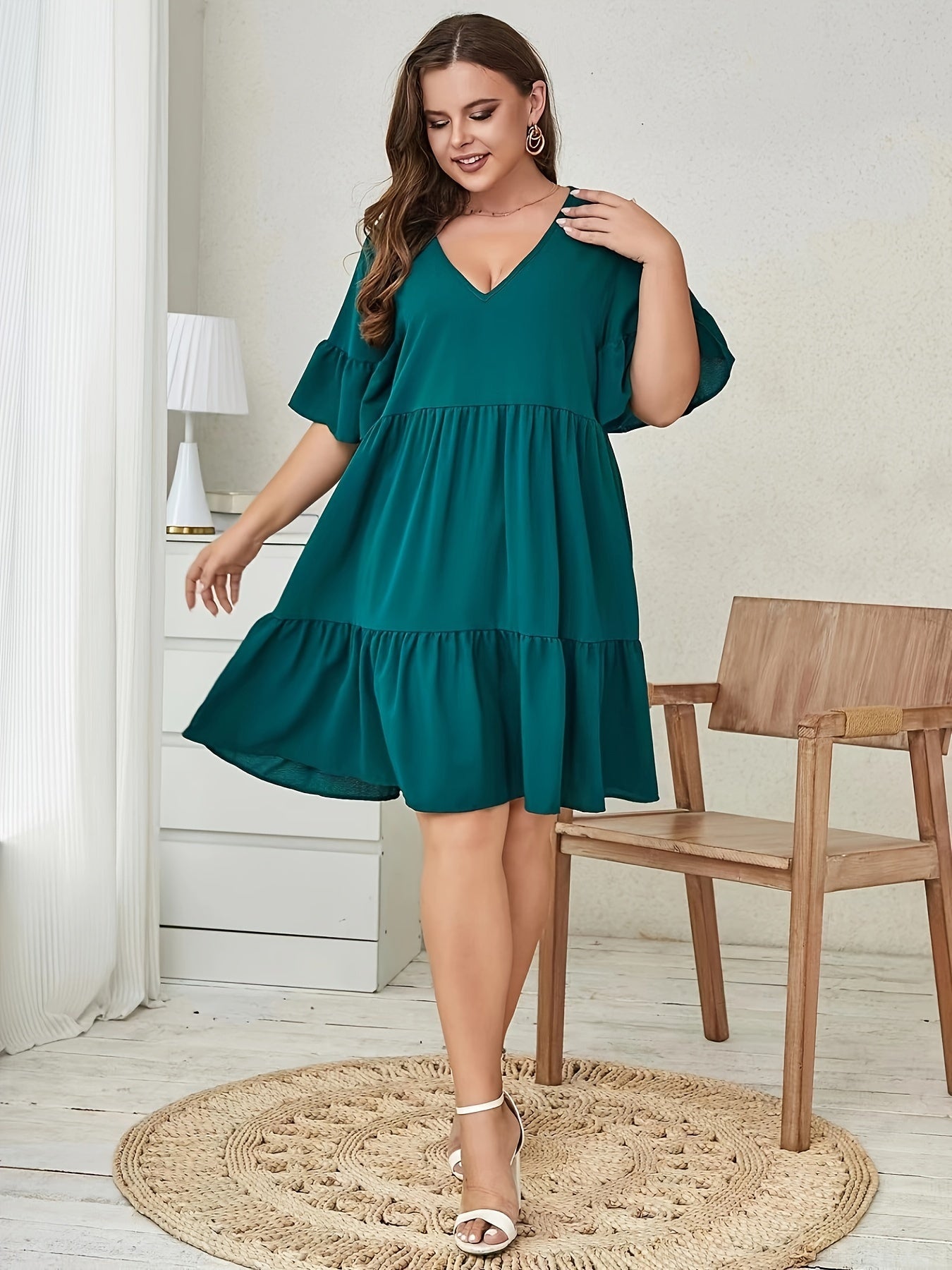 Bell Sleeve V Neck Smock Dress