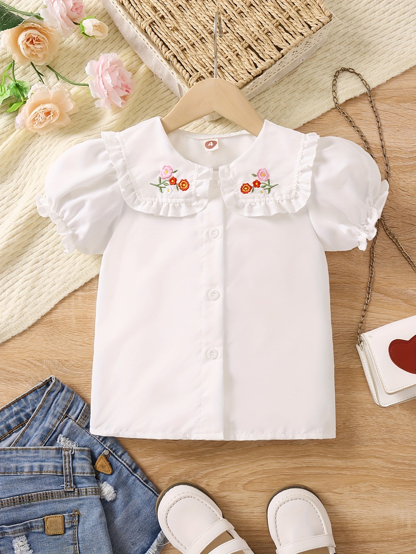 Girls Embroidered Collar Button Down Short Sleeve Shirt