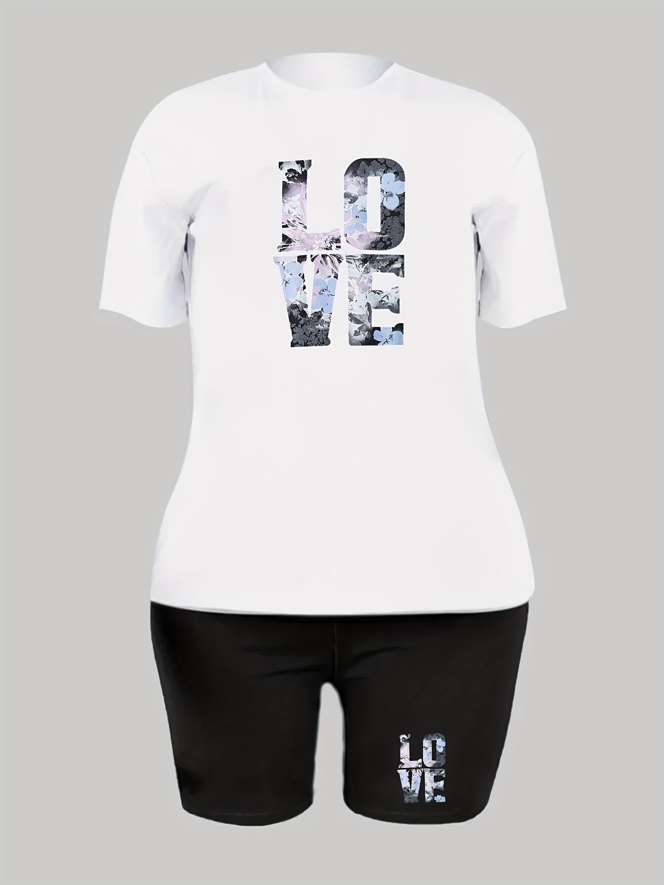 Love Print Matching Two piece Set Casual Short Sleeve T shirt & Biker Shorts