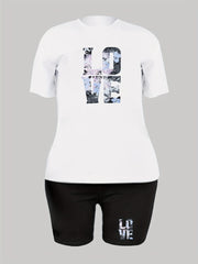 Love Print Matching Two piece Set Casual Short Sleeve T shirt & Biker Shorts