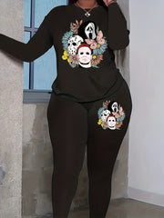 Halloween Casual Outfits Women's Floral & Grim Reaper Print Tee