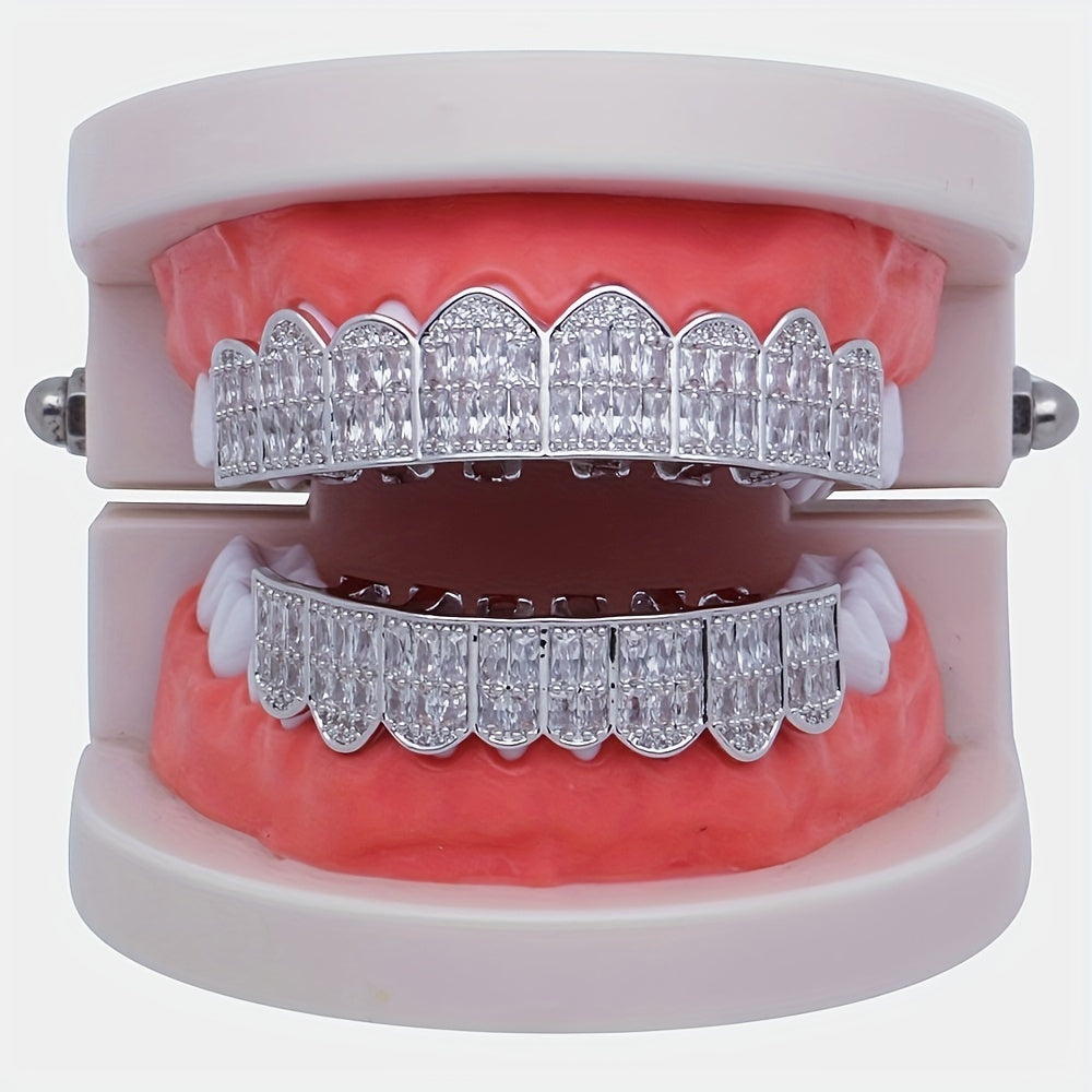 18K Unisex Big Gold Teeth Square Pave CZ 8 Teeth Top Bottom