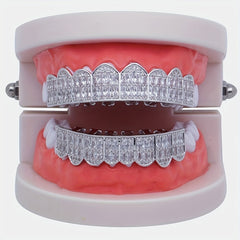 18K Unisex Big Gold Teeth Square Pave CZ 8 Teeth Top Bottom