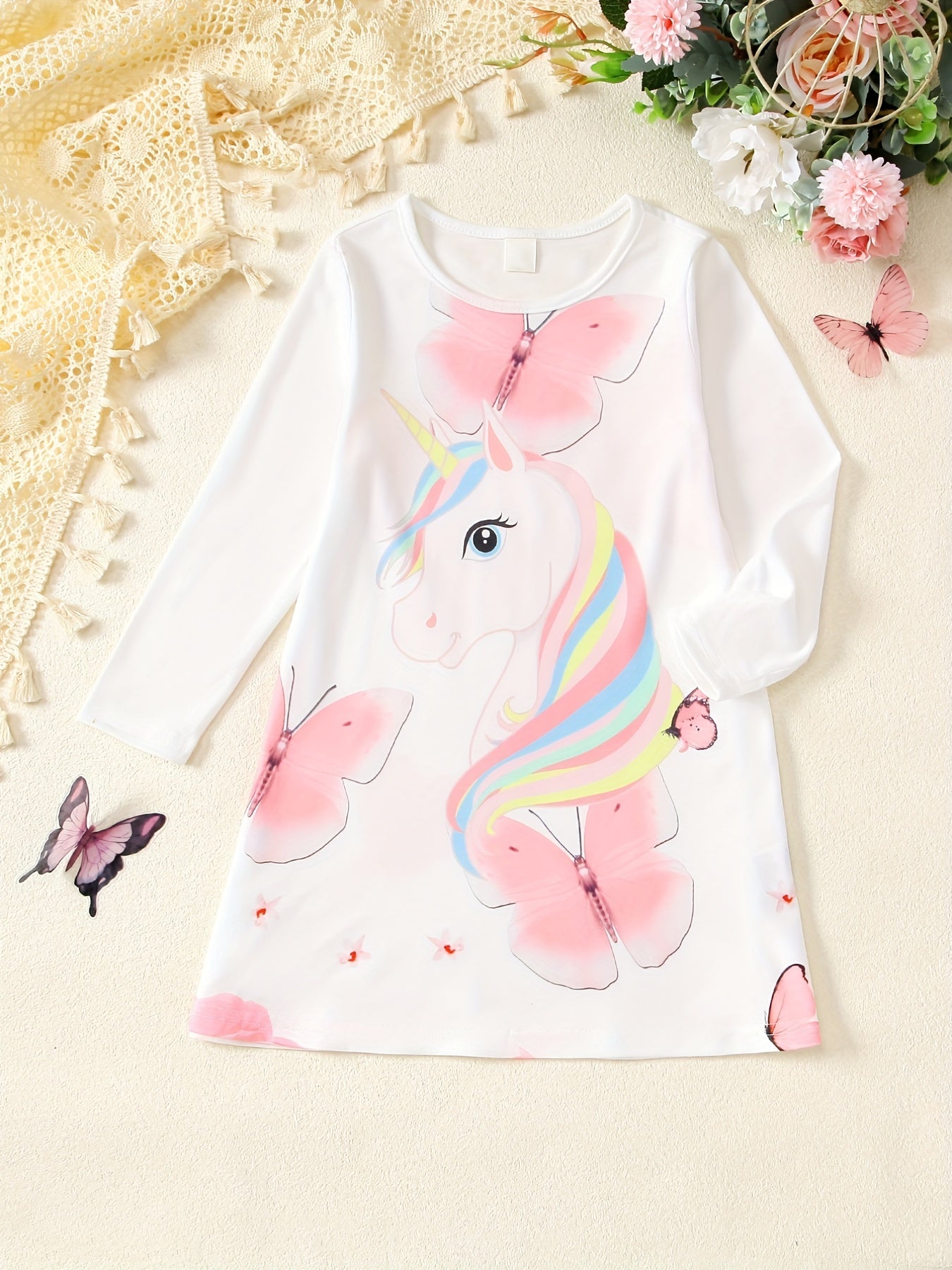 Unicorn Tee Dress Toddler Girls Long Sleeve Party Nightgown