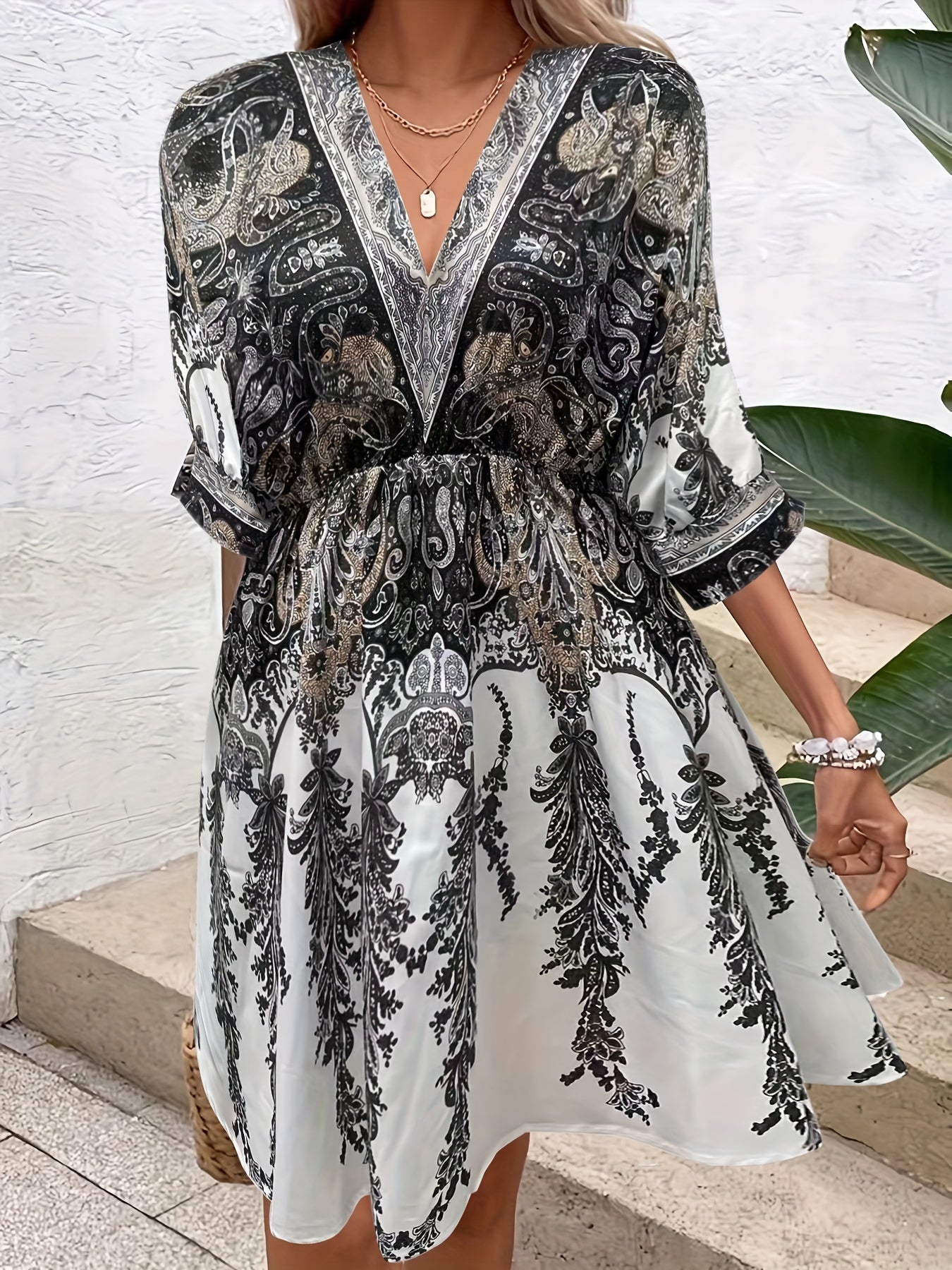 Boho Dress Women's Plus Paisley Print V Neck Dress