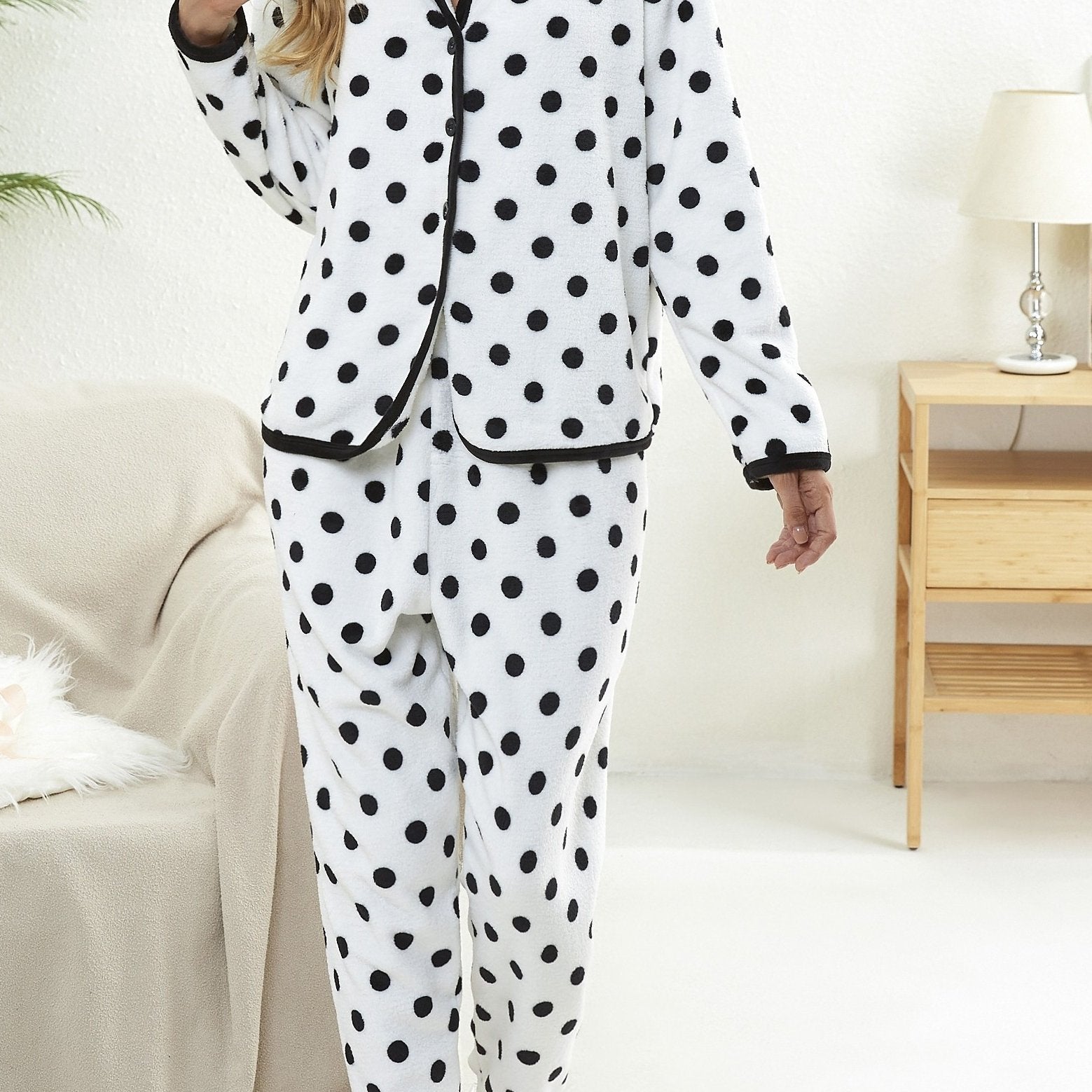 Polka Dot Pajama Set Long Sleeve Top & Elastic Waistband Pants Women's Sleepwear
