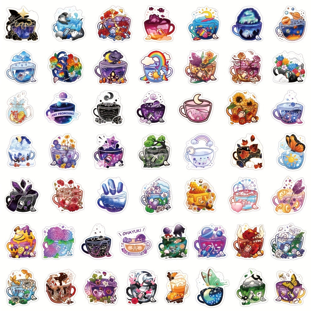 50pcs Colorful Tea Cup Stickers Waterproof Vinyl Travel Stickers Pack