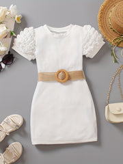 Toddler Girls Puff Sleeve Ribbed Knit Dress for Party