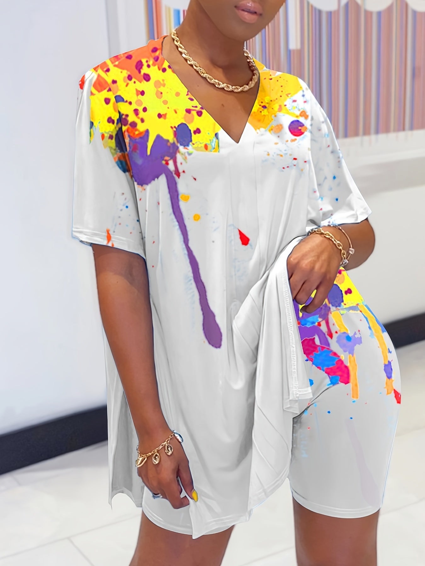 Painting Print Half Sleeve Oversized T shirt & Shorts Set