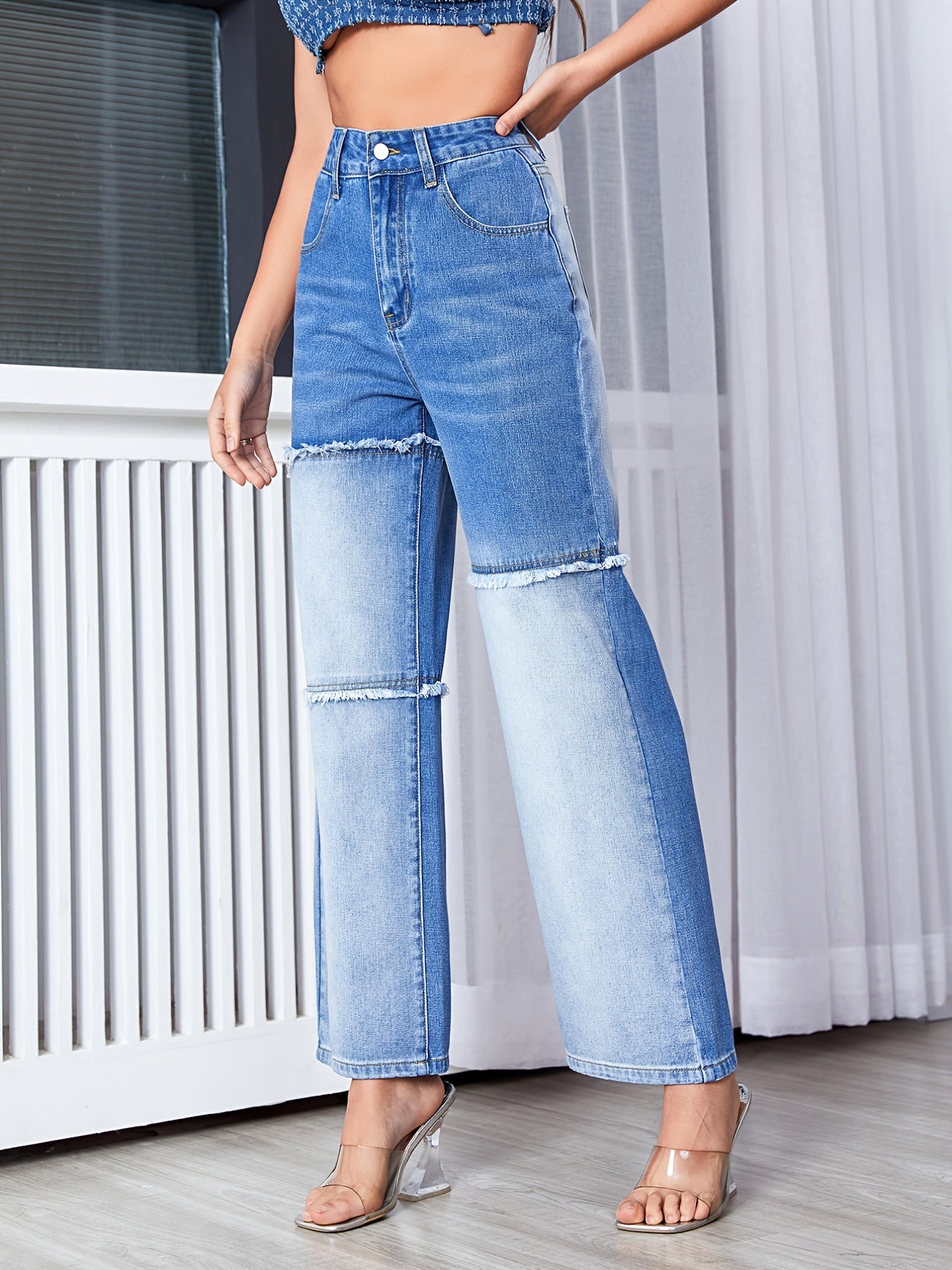 Frayed Patchwork Wide Leg Jeans High Rise Vintage Retro Loose Denim Pants