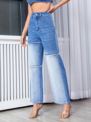 Frayed Patchwork Wide Leg Jeans High Rise Vintage Retro Loose Denim Pants