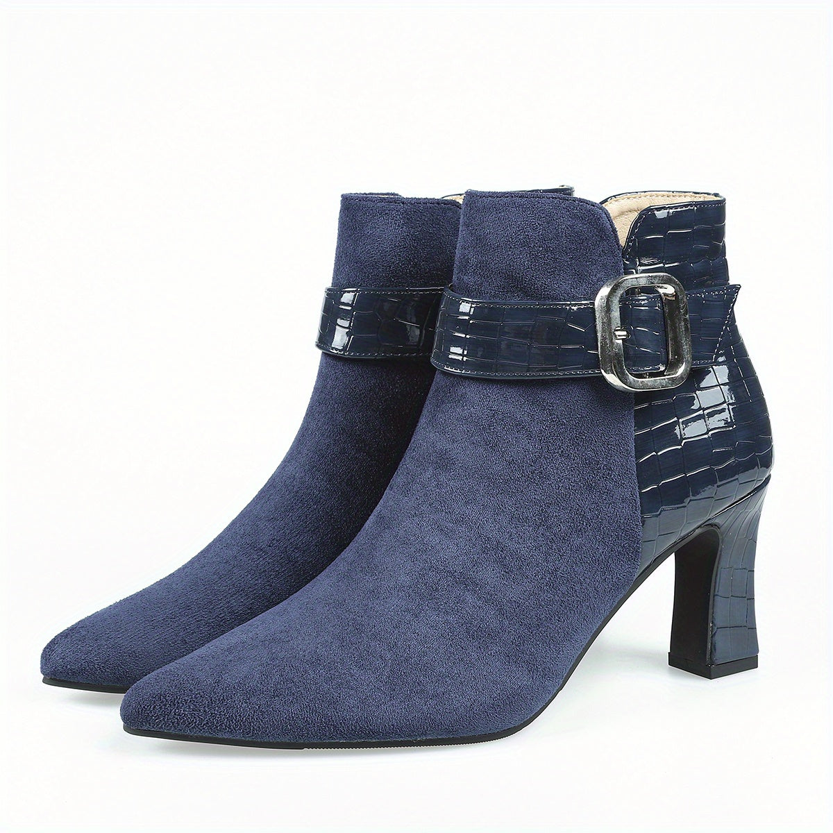 Women's Patent Leather Boots Point Toe Side Zipper Buckle Cone Heel Shoes