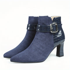 Women's Patent Leather Boots Point Toe Side Zipper Buckle Cone Heel Shoes