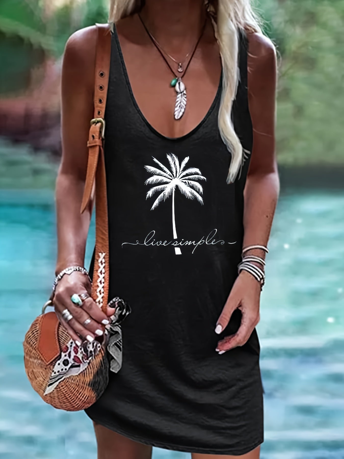 Coconut Tree Print Tank Dress Sleeveless Casual Dress