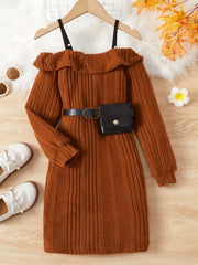 Girls Off Shoulder Long Sleeve Knitted Dress