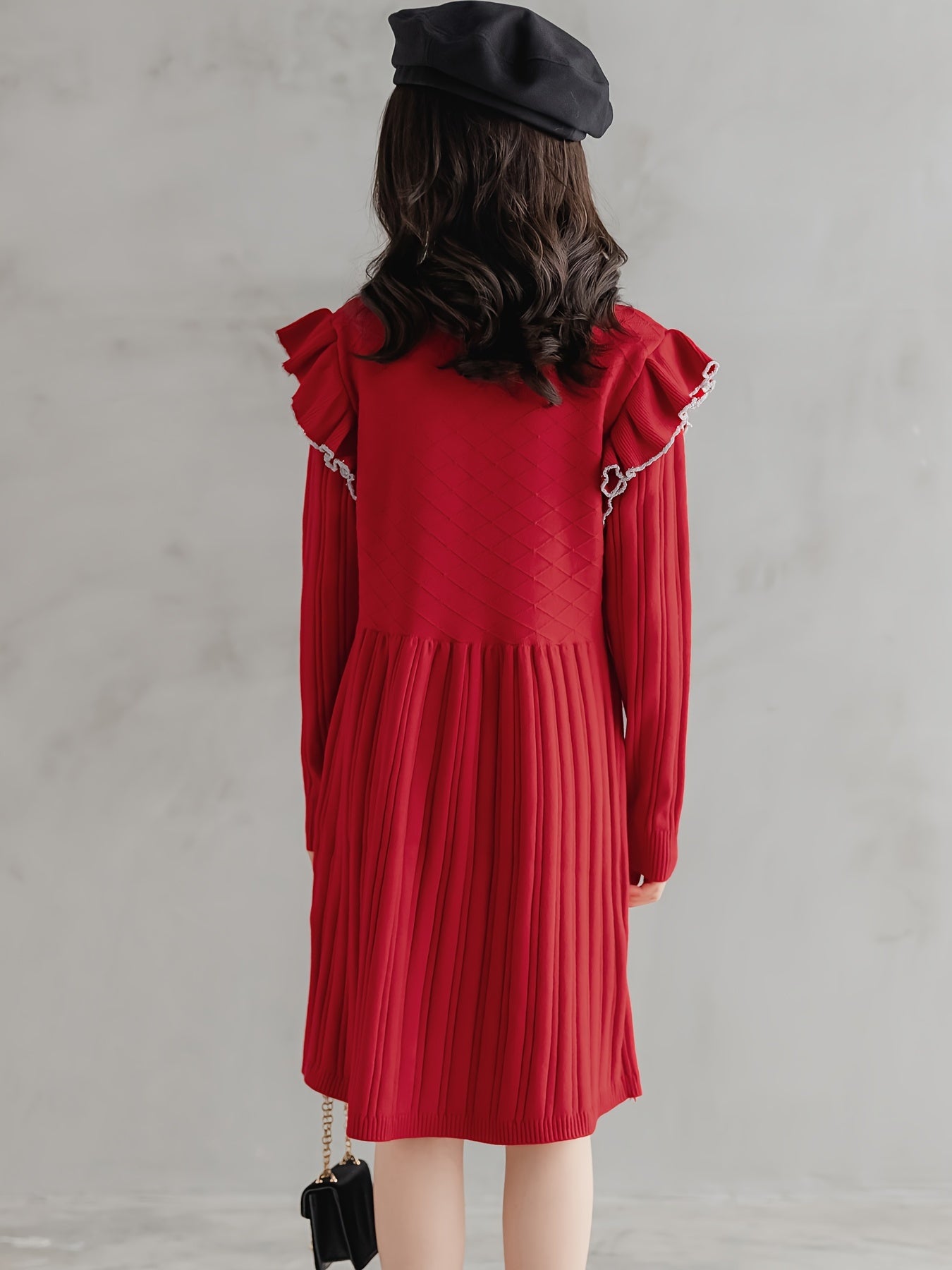 100% Cotton Girls Vintage Ruffle Trim Long Sleeve Knit Dress