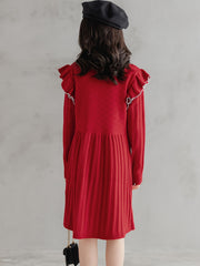 100% Cotton Girls Vintage Ruffle Trim Long Sleeve Knit Dress