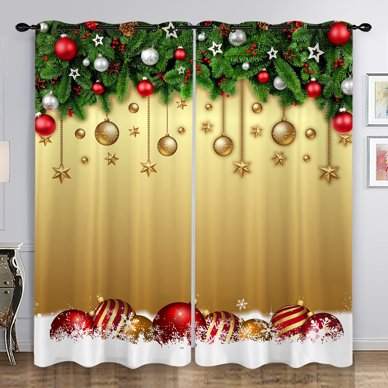 2pcs Golden Christmas Pattern Curtains Christmas Balls Curtains