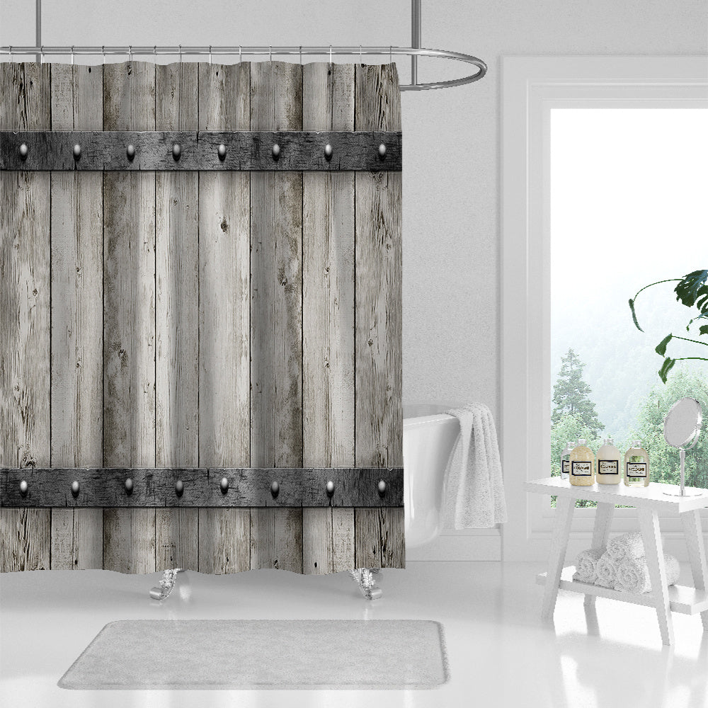 Rustic Farmhouse Shower Curtain with Barn Door Design