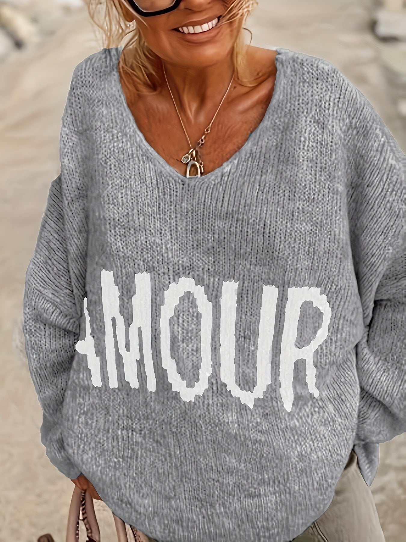 Letter Pattern V Neck Pullover Sweater Casual Long Sleeve Sweater