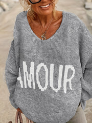 Letter Pattern V Neck Pullover Sweater Casual Long Sleeve Sweater